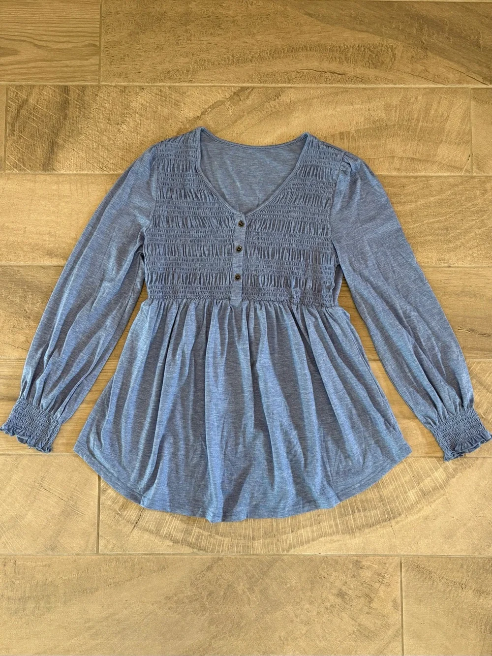 Blue Smocked Maternity Nursing Top Long Sleeve Babydoll Blouse Pregnancy -Medium - Picture 2 of 6